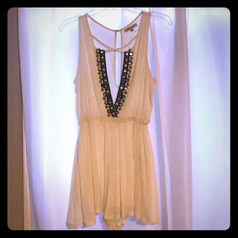 Off-White Romper with Navy Blue Embroider